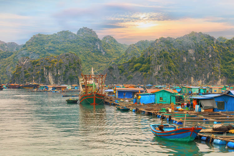 Villaggio di pesce su Halong Bay